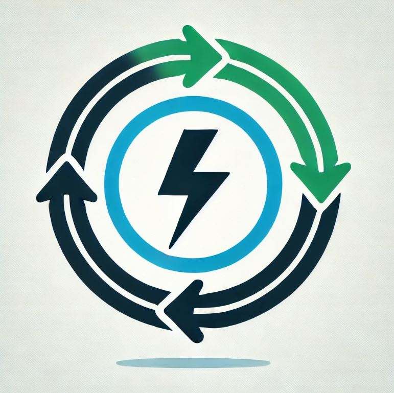 Image of 4 arrows in a circle shape with electricity symbol in the center to represent continuous energy improvement