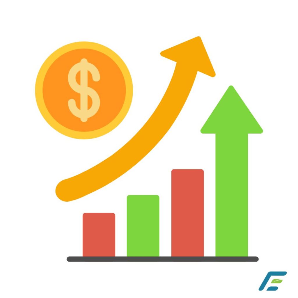 Image with an up arrow on a $ chart representing increase in profits